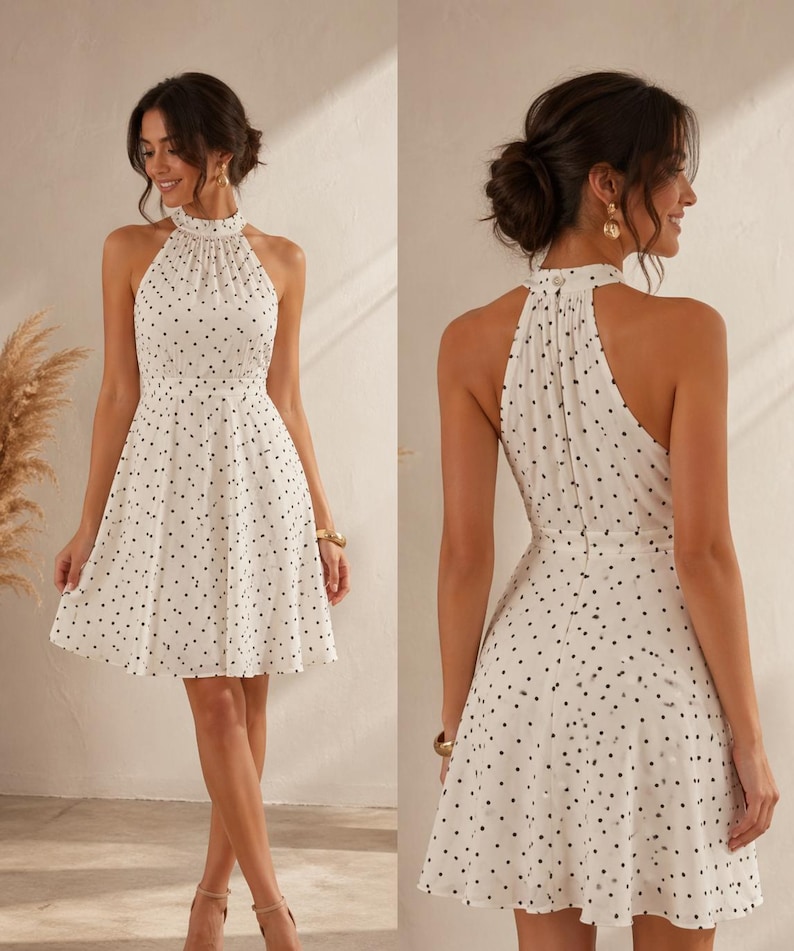 K&ouml;nnte beinhalten: Wei&szlig;es Neckholder-Kleid mit schwarzen Polka-Dots. Das Kleid hat einen hohen Ausschnitt und einen ausgestellten Rock. Das Model tr&auml;gt goldene Armb&auml;nder und Ohrringe. Das Kleid ist knielang.
