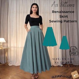 May include: A sewing pattern for a Renaissance skirt in teal green. The pattern is available in sizes UK 2-30, XS to 4XL, and in A4/A0 format. The pattern is shown on a model wearing a black top and a teal green skirt.