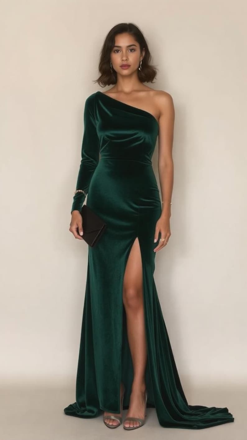 K&ouml;nnte beinhalten: Ein langes, dunkelgr&uuml;nes Samtkleid mit einem einseitigen Ausschnitt und einem hohen Schlitz am Oberschenkel. Das Kleid hat ein figurbetontes Oberteil und einen flie&szlig;enden Rock.