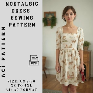 Nostalgic Dress Pattern - Vintage Inspired Printed Dress - Cottagecore Square Neck Midi Dress - Linen Gathered Dress -DIY Easy Dress 2 To 30