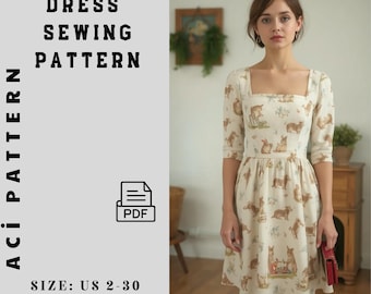 Nostalgic Dress Pattern - Vintage Inspired Printed Dress - Cottagecore Square Neck Midi Dress - Linen Gathered Dress -DIY Easy Dress 2 To 30