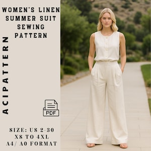 Op de afbeelding: Een crèmekleurig linnen zomerpak naaipatroon. Het patroon bevat een mouwloze top met knopen en een broek met wijde pijpen. De tekst op de afbeelding luidt "WOMEN'S LINEN SUMMER SUIT SEWING PATTERN" en "ACIPATTERN". Maten US 2-30, XS tot 4XL, A4/A0 formaat.