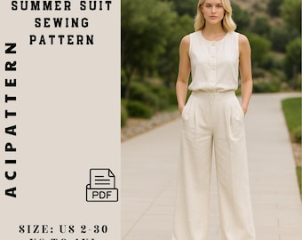 Bohemian Linen Blouse and Trouser Set: Beach Style Outfit (PDF Pattern)