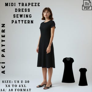 ミディ トラペーズ ドレスの縫製パターン、カジュアル ドレス、ドレス PDF 縫製パターン、サマー ドレス、スロー ファッション、US サイズ 2-30