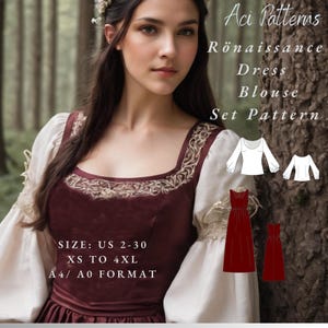 Puede incluir: Un conjunto de patrones de costura para un vestido y una blusa renacentistas. El patrón incluye instrucciones para una blusa de manga larga y un vestido largo de color burdeos con escote cuadrado. El patrón está disponible en tallas españolas 34-54, XS a 4XL, y viene en formato A4/A0.