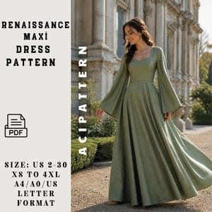 Peut inclure: Une robe longue de style Renaissance vert sauge avec de longues manches évasées. La robe a une encolure carrée et une jupe fluide. Le texte à gauche indique "RENAISSANCE MAXI DRESS PATTERN" et "SIZE: US 2-30 XS TO 4XL A4/A0/US LETTER FORMAT". L'icône PDF est également visible.