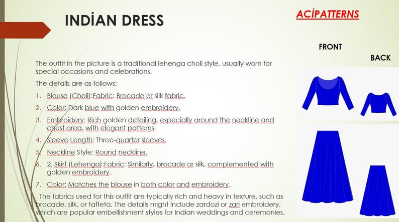 Indian Dress Sewing Pattern, Lehenga Choli dress,Indian Skirt and Blouse, PDF Ladies size 2 to 30-A4-US-A0 Format image 3