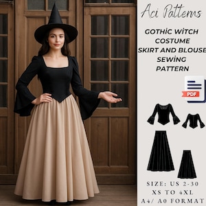 Halloween Kleid Schnittmuster, Gothic Hexe Kostüm Kleid Schnittmuster Fantasy Kleid, Halloween Kleid Schnittmuster Rock und Bluse A4/ A0 Size2to30