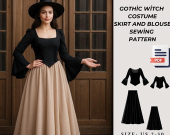 Halloween Dress Pattern, Gothic Witch Costume Dress Pattern,Fantasy Dress, Halloween Dress Sewing Pattern Skirt and Blouse A4/ A0 Size2to 30