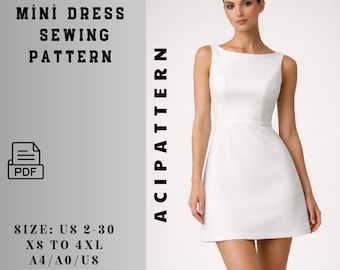 Boat Neck Mini Dress Sewing Pattern | Princess Seam Woven Dress Pattern | Sleeveless Fitted Dress A4 US LETTER  A0  Size 2-30 (PDF Pattern)