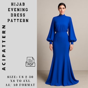 Hijab Evening Dress Pattern - Elegant Bishop Sleeve Mermaid Dress Sewing Pattern - Digital PDF Model - High Neck Long Dress 2 To 30