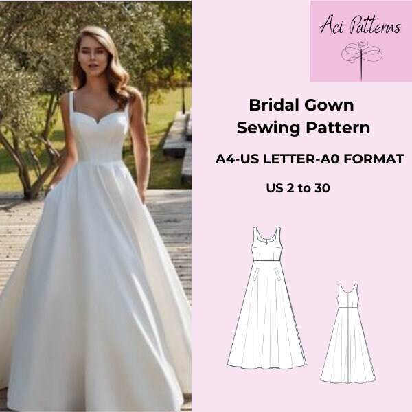 Bridal Gown Sewing pattern, Ladies size 2 to 30-A4-US LETTER-A0 Format