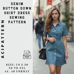 Puede incluir: Un patrón de costura para un vestido camisa de mezclilla con botones. El patrón está disponible en tallas españolas 34-52 y XS a 4XL. El patrón está en formato A4/A0 y está disponible para descargar en PDF.