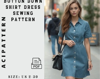 Denim Shirt Dress PDF Pattern: Button-Down Sewing Pattern  (A4/A0) Size 2to30