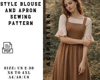 Cottagecore Dress PDF  |  Pinafore Dress Sewing Pattern with Blouse | Waist Midi Dress- Elvish Dress | Sizes US 2–30  A4 US Letter A0