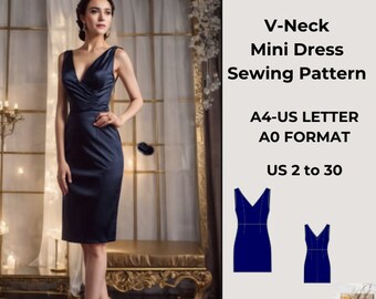 V-Ausschnitt Minikleid Schnittmuster, einfaches Schnittmuster, Abschlussball Kleid Muster, Abendkleid, Damen Größe 2 bis 30-A4-US LETTER-A0 Format