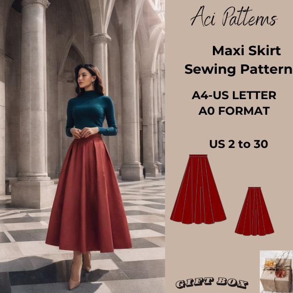 Maxi Skirt Pattern,Beginner Sewing PatternLadies size 2 to 30 // A4-US LETTER-A0 Format