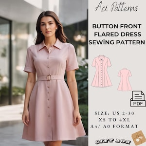 Shirt Dress Pattern Button Down Shirt Collar Dress Pattern Cottagecore Dress Sewing Pattern, Button Front Dress,Million Button Dress, XS-4XL