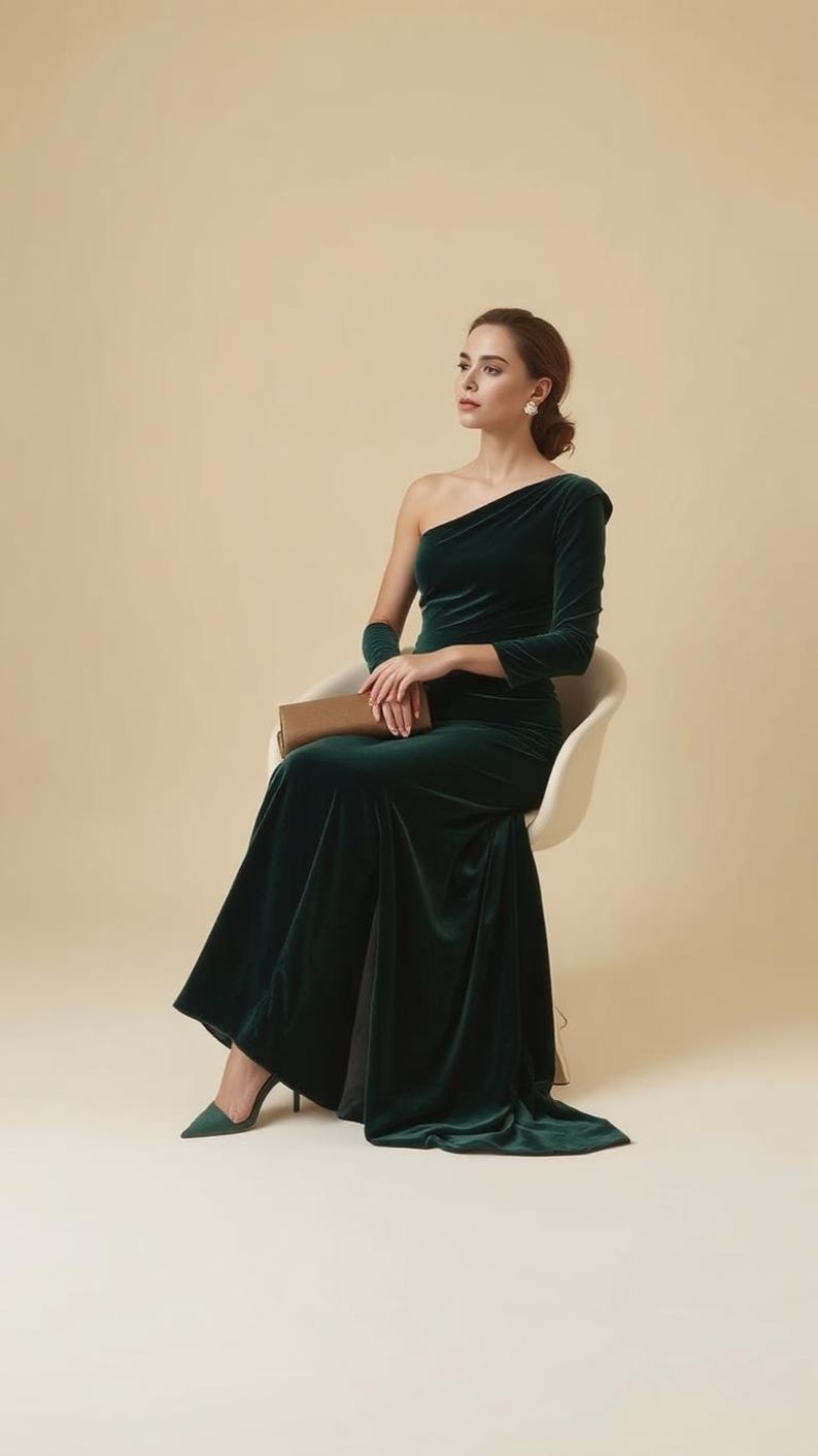 K&ouml;nnte beinhalten: Eine Frau in einem dunkelgr&uuml;nen Samtkleid mit einer Schulter, die auf einem wei&szlig;en Stuhl sitzt. Sie h&auml;lt eine braune Clutch und schaut zur Seite.