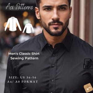 Men&#39;s Linen Shirt Model, Buttoned Shirt Model, Men&#39;s Sewing Model, Long Sleeve Shirt Model,size chart 36 to 56-A4-US LETTER-A0 Format