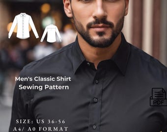 Men's Linen Shirt Sewing Pattern, Long Sleeve, US 36-56 (A4/A0 Format)