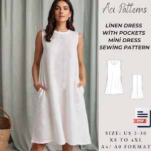 Linen Dress With Pockets Mini Dress Sewing Pattern Digital PDF Sewing Pattern, Linen Dress ,Ladies size 2 to 30-A4-US LETTER-A0 Format