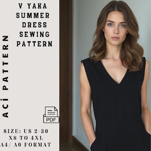 Apron Dress Sewing Pattern - Summer Dress V Neck - Easy Digital PDF-Pocket Dress- Ladies size 2 to 30-A4-US LETTER-A0 Format