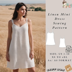 Patrón de costura de minivestido de lino Patrón de costura digital PDF Patrón de vestido de corte A Minivestido Tallas de mujer 2 a 30 - Formato A4 - Carta EE. UU. - A0