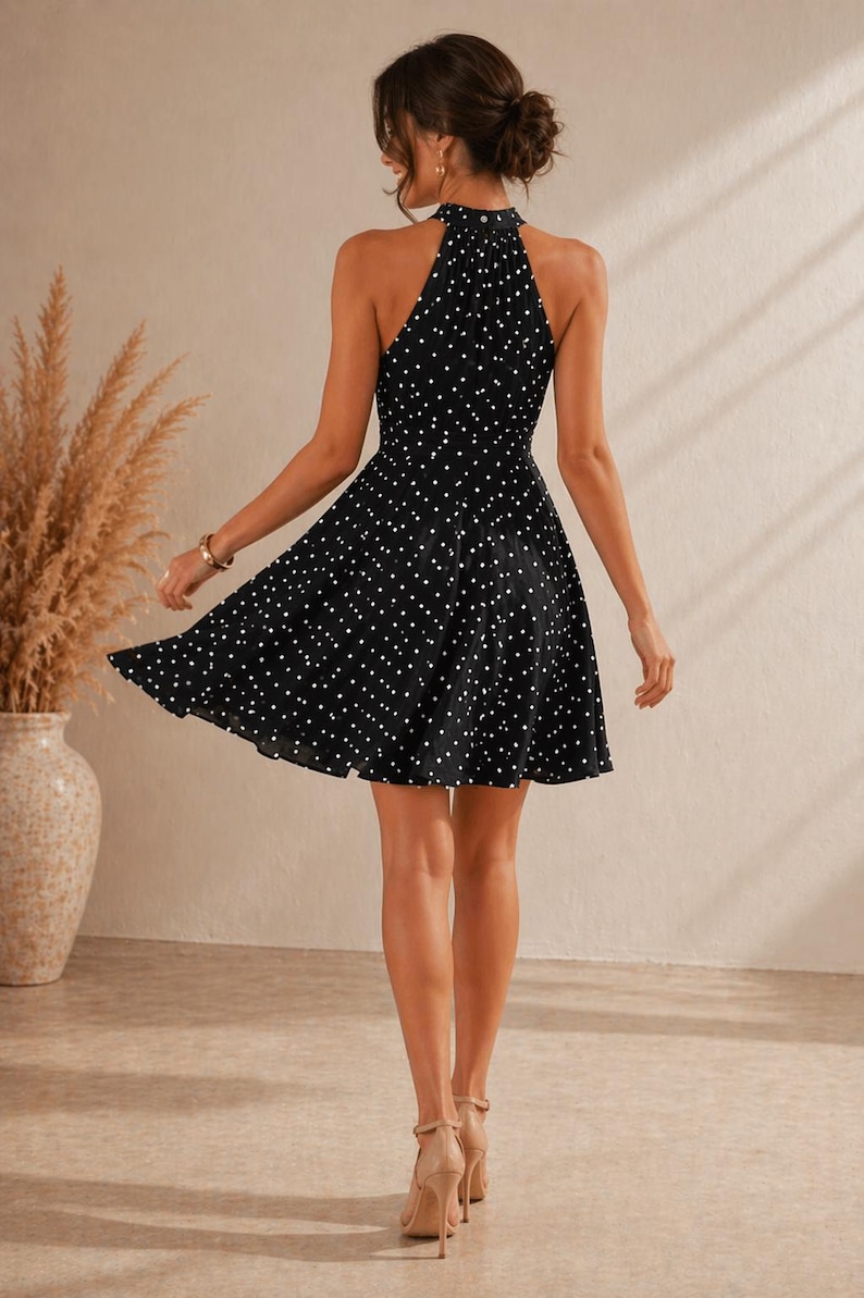 K&ouml;nnte beinhalten: Schwarzes Kleid mit wei&szlig;en Polka Dots, mit Neckholder-Ausschnitt und ausgestelltem Rock. Das Kleid reicht bis zum Knie. Die Person tr&auml;gt nudefarbene Abs&auml;tze. Ein stilvolles und vielseitiges Kleidungsst&uuml;ck.