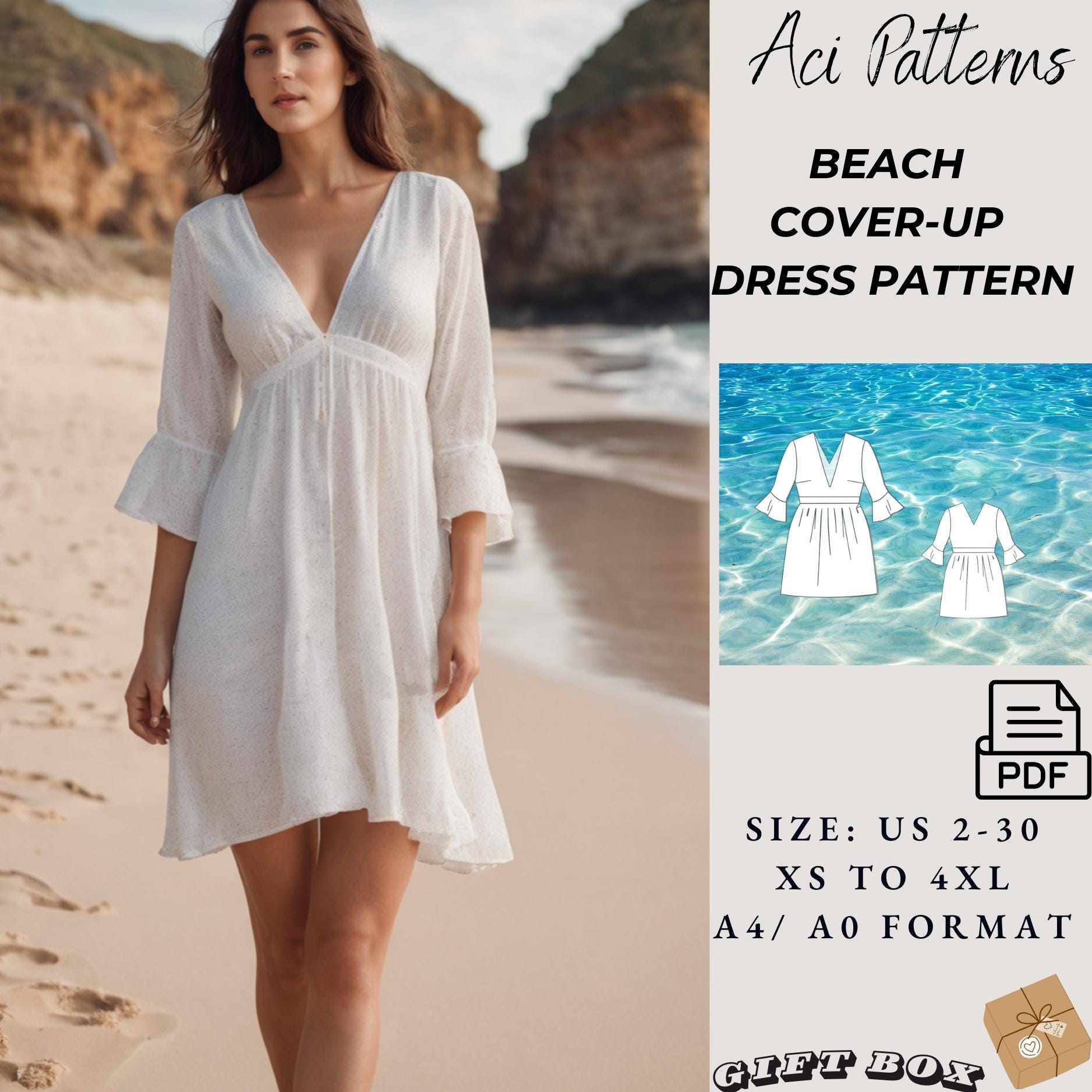 Beach Wear,Cover up Sewing Pattern,Ladies size 2 to 30 // A4-US LETTER-A0 Format