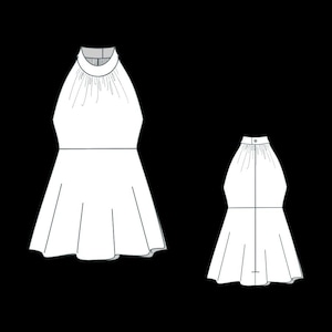 K&ouml;nnte beinhalten: Strichzeichnung eines wei&szlig;en Neckholder-Kleides mit ausgestelltem Rock. Das Kleid hat einen hohen Ausschnitt mit gerafften Details und einen Knopfverschluss am R&uuml;cken. Das Design ist schlicht und elegant.