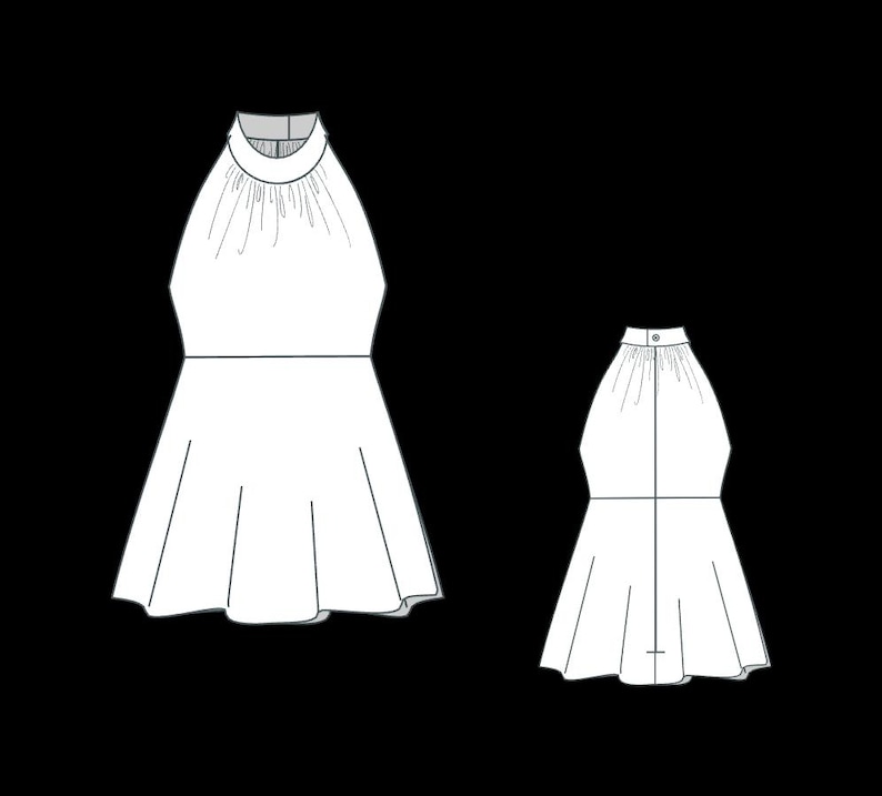 K&ouml;nnte beinhalten: Strichzeichnung eines wei&szlig;en Neckholder-Kleides mit ausgestelltem Rock. Das Kleid hat einen hohen Ausschnitt mit gerafften Details und einen Knopfverschluss am R&uuml;cken. Das Design ist schlicht und elegant.