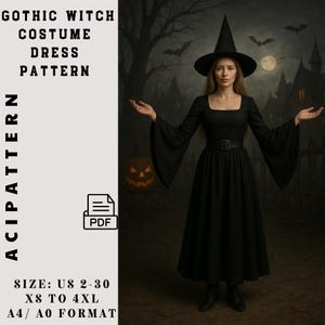 May include: A black Gothic witch costume dress pattern. The dress has a square neckline, long sleeves, and a belt. The image includes the text "Gothic Witch Costume Dress Pattern" and "ACIPATTERN". The pattern is available in sizes US 2-30, XS to 4XL, and A4/A0 format.