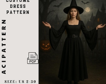 Mönster för gotisk häxkostym - klockärm lång svart maxiklänning - Halloween Cosplay-outfit - fyrkantig halsringning häxklänning cosplay-mönster