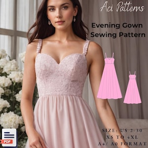 Evening Gown Sewing Pattern: Prom, Cocktail Dress (US 2-30, A4/A0/US Letter) (PDF Pattern)