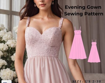 Evening Gown Sewing Pattern: Prom, Cocktail Dress (US 2-30, A4/A0/US Letter) (PDF Pattern)