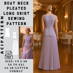 Op de afbeelding: Een patroon voor een lila geplooide lange rok met boothals. De afbeelding bevat een vrouw die de jurk draagt, lijntekeningen van de patroondelen en de tekst "BOAT NECK PLEATED LONG SKIRT SEWING PATTERN". Het patroon is verkrijgbaar in de maten US 2-30 en XS tot 4XL.