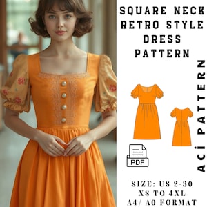 Retro Style Orange Dress Pattern – Vintage Fashion with Lace and Flower Details, square neck dress pattern,Ladies size 2 to 30-A4