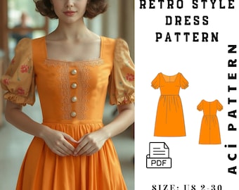 Square Collar Retro Orange Sewing Patterns | Vintage Lace and Floral Patterns, 2 to 30-A4