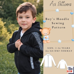 May include: A black hoodie sewing pattern for boys, sizes 2-16 years. The pattern is available in A4, A0, and DXF formats. The image shows a young boy wearing a black hoodie with a white zipper and a white stripe down the side. The pattern is shown in white on a white background.