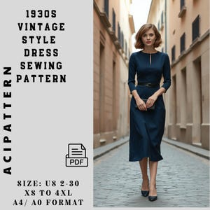 以下が含まれることがあります： 1930年代のヴィンテージスタイルのドレスの縫製パターン。パターンは、サイズUS 2-30、XSから4XLまで、A4/A0フォーマットで提供されています。パターンはPDFダウンロードです。