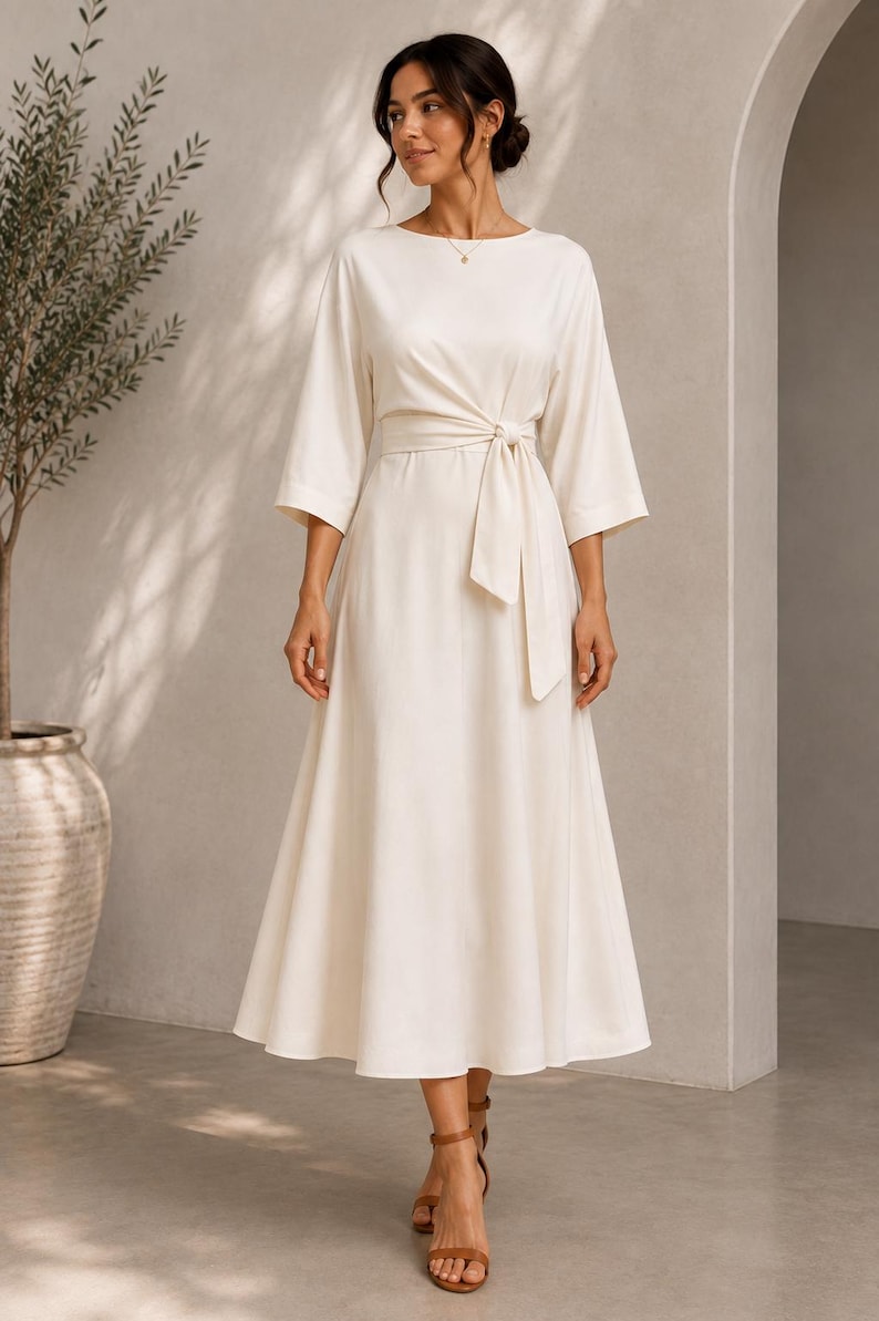 May include: A cream-colored midi dress featuring a round neckline, three-quarter length sleeves, and a wrap-style waist with a matching fabric tie belt. The skirt flows into a wide, A-line silhouette that falls below the knee in a solid color.