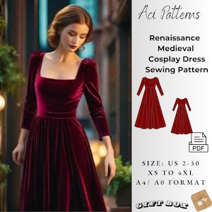 Renaissance Medieval Cosplay Dress,Renaissance Dress Sewing Pattern, Medieval Boho Dress,Cosplay Dress Ladies Size 2to30-A4-US LETTER-A0