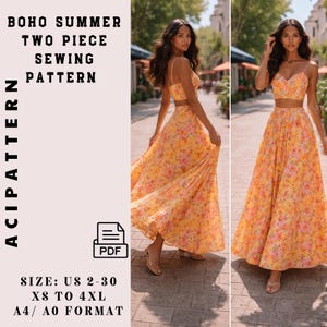 Puede incluir: Un patrón de costura bohemio de verano de dos piezas. El patrón incluye un top corto y una falda fluida, ambos con un estampado floral amarillo. El texto de la imagen dice "BOHO SUMMER TWO PIECE SEWING PATTERN" y "ACIPATTERN". Tallas US 2-30, XS a 4XL, formato A4/A0.