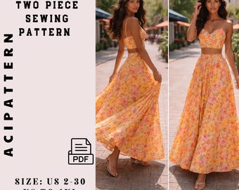 Boho Summer Two Piece Sewing Pattern | Short Top and Long Skirt PDF  2 - 30 A4/A0