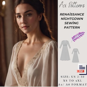 Renaissance Nightgown Maxi Chemise Sewing Pattern, Gathered Maxi Cottagecore Dress, Regency, Elvish dress, Regency, Nightgown Pattern,XS-4XL