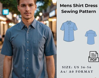 Mens Shirt Sewing Pattern, Mens Short Sleeve Shirt Pattern, Mens Shirt Sewing Pattern,  Sewing Pattern, Size 36-56(Digital Download)