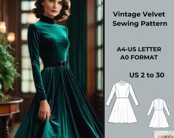 Vintage Velvet dress,sewing pattern Ladies size 2 to 30-A4-US LETTER-A0 Format