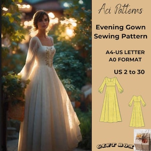 Evening Gown,Wedding guest Sewing pattern, Ladies size 2 to 30-A4-US LETTER-A0 Format