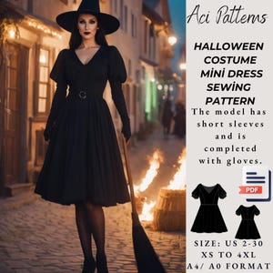Op de afbeelding: Een zwart Halloween kostuum mini jurk naaipatroon. De afbeelding toont een vrouw in een zwarte jurk, hoed en handschoenen, die een bezem vasthoudt. De tekst op de afbeelding luidt "Halloween Costume Mini Dress Sewing Pattern".